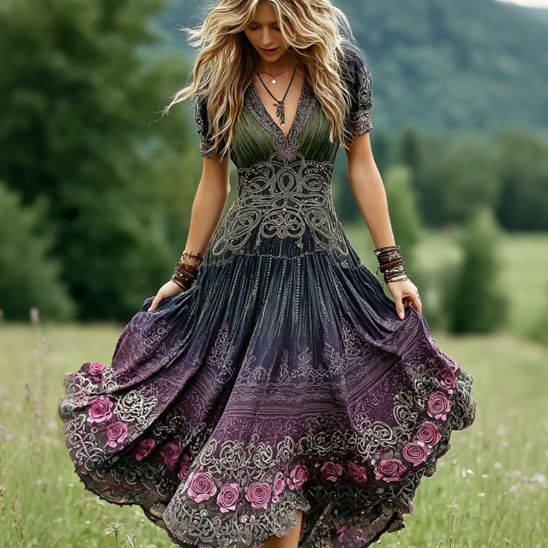 Women's Romantic Celtic Knot With Floral Art Linen Blend  V Neck Maxi Dress