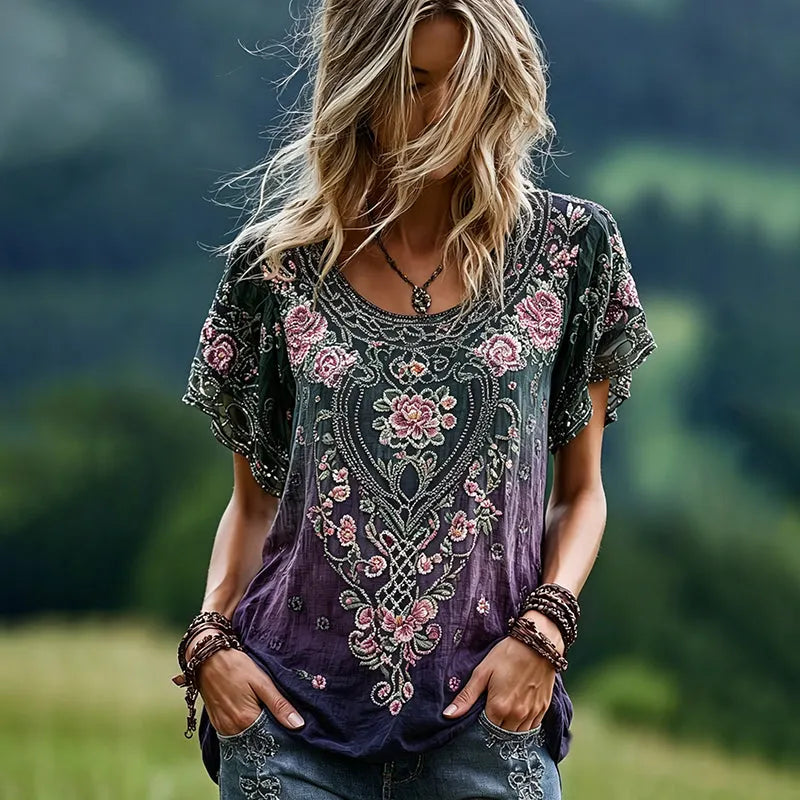 Women's Romantic Celtic Knot With Floral Art Linen Blend T-shirt