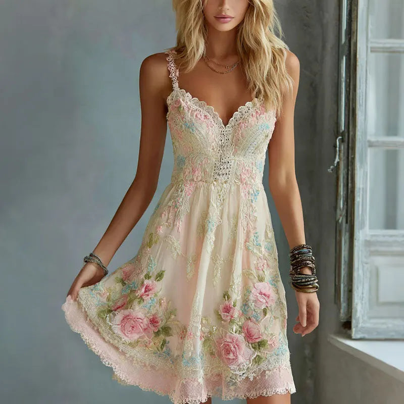 Women's Vintage Rose Art Embroidery V Neck Sleeveless Midi Dress