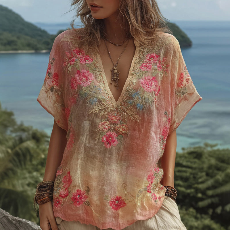 Women's Floral Embroidered Linen Blend T-shirt