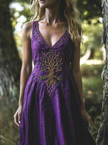 Nordic Myth Purple Tree Of Life Embroidered Women's Linen V-neck Vest Maxi Dress