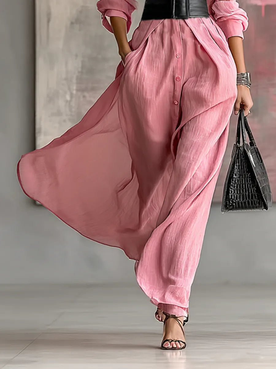 Women's Solid Color Lapel Long Sleeve Single Breasted Belt Maxi Shirt Dress MDA0917G0Y