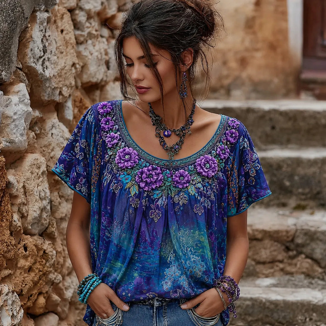 Women's Purple Floral Embroidery Gradient Casual T-shirt