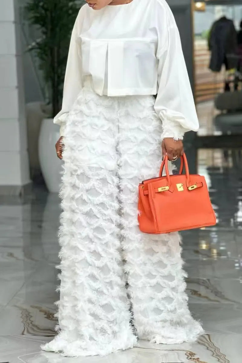 White Lantern Sleeve Top & Feather Tassel Wide-Leg Pants Set