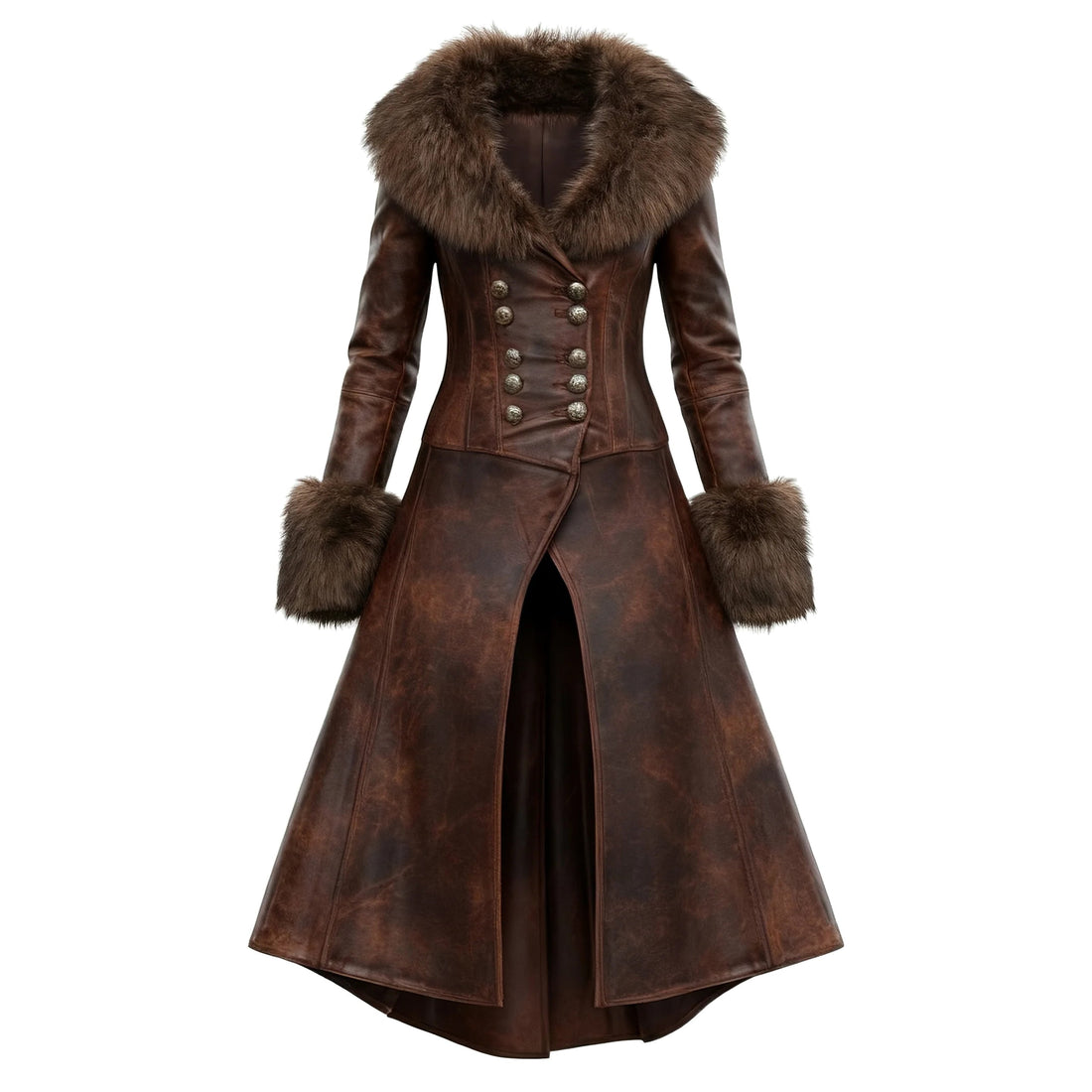 Women's Retro Style Leather Irregular Design Double-Breasted Mid-Length Coat Fur Collar Lapel Jacket Coat