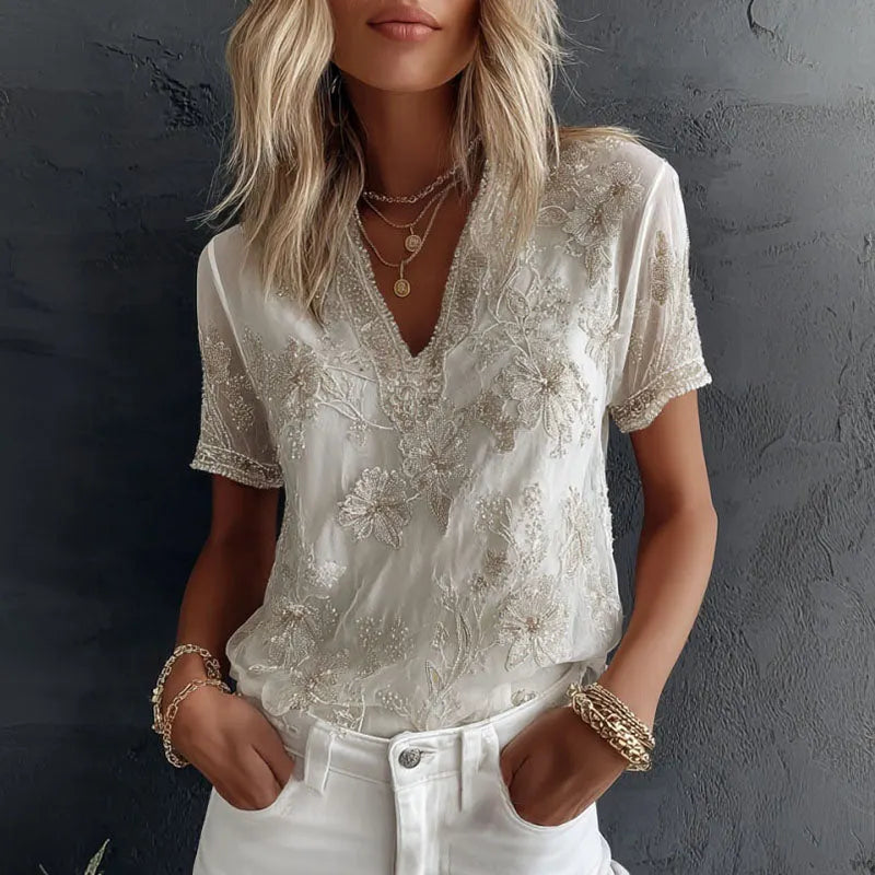 Women's Floral Embroidery Casual Cotton Linen V-neck T-shirt
