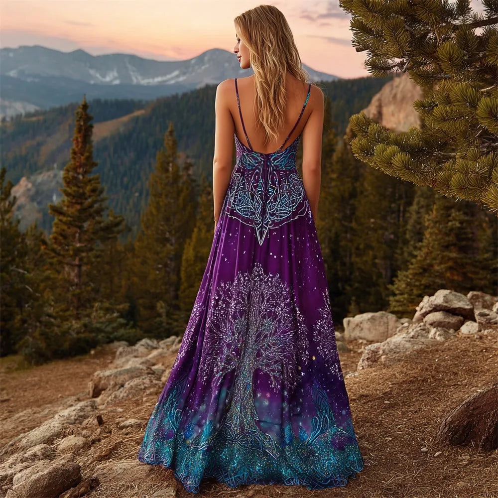 Viking Tree Of Life Gradient Purple Women's Spaghetti Straps V-neck Maxi Dress