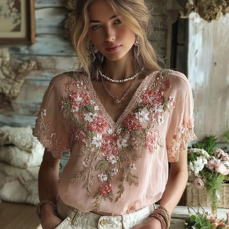 Women's Retro Floral Embroidery Casual Cotton Linen V-neck Short-sleeve T-shirt