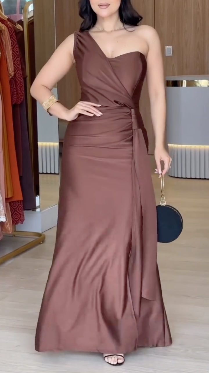 Brown Satin One-Shoulder Maxi Dress
