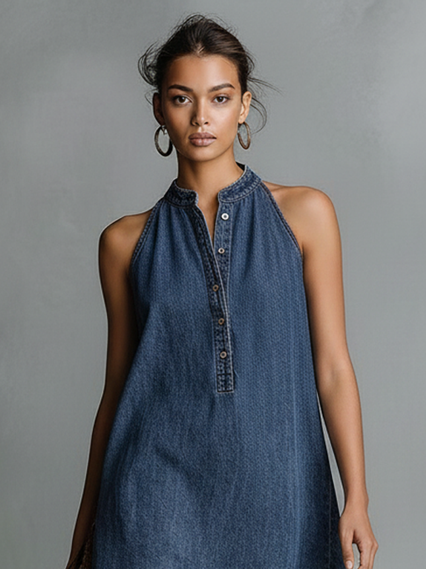Women's Casual Denim Stand-Collar Button-Front Sleeveless Mini Dress MDZ0144F5Y