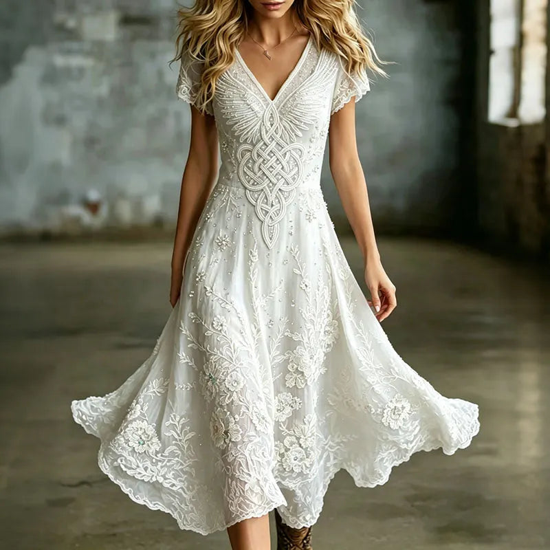 Women's Vintage Romantic White Floral And Wings Art Linen Blend V Neck Maxi Dress
