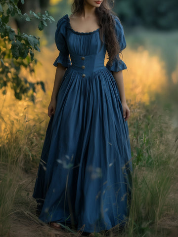 Linen Maxi Dress, Crew Neck, Half Sleeves, Belt, Victorian Style, Princess Dress, Blue