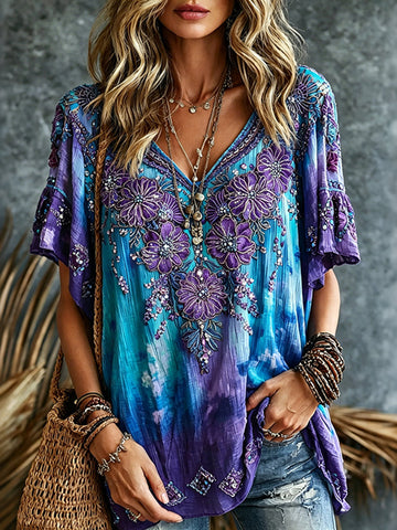Women's Vintage Romantic Floral Art Linen Blend V Neck Short Sleeve Tops