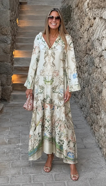 V Neck Floral Print Long Sleeve Maxi Dress