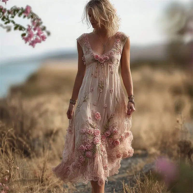 Vintage Boho Pink Roses Lace Flowy Linen Maxi Dress