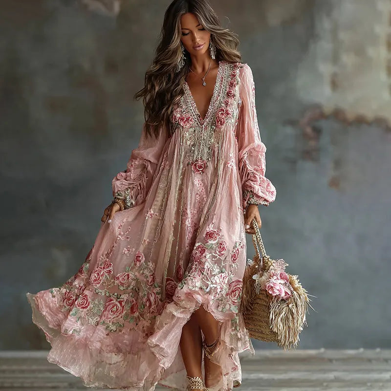 Women's Retro Floral Art Flowy Linen Blend Casual Long Sleeve Maxi Dress