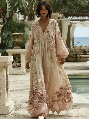 Women's Floral Embroidered Linen Long-sleeved Dress