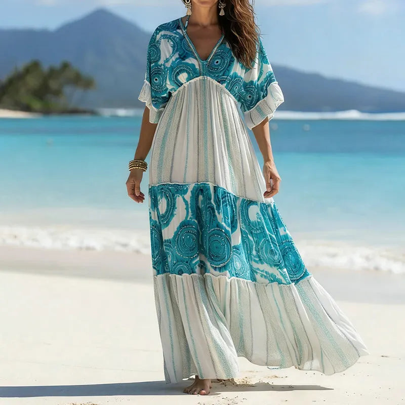 Vintage Boho Arc-shaped Tie-dye With Line Art Color Block Maxi Dress