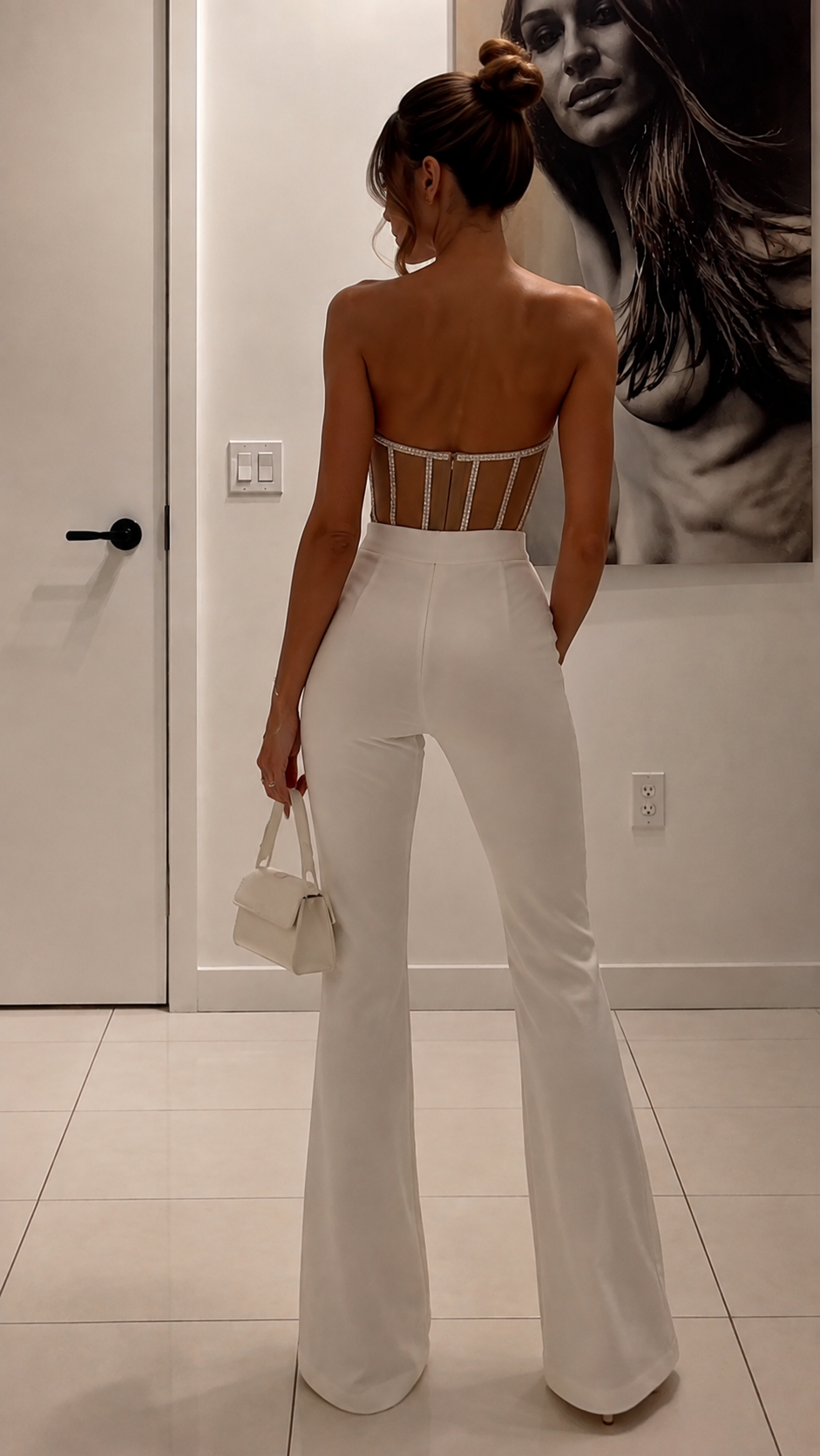 Rhinestone Mesh Corset & White Flared Pants Two Piece Set