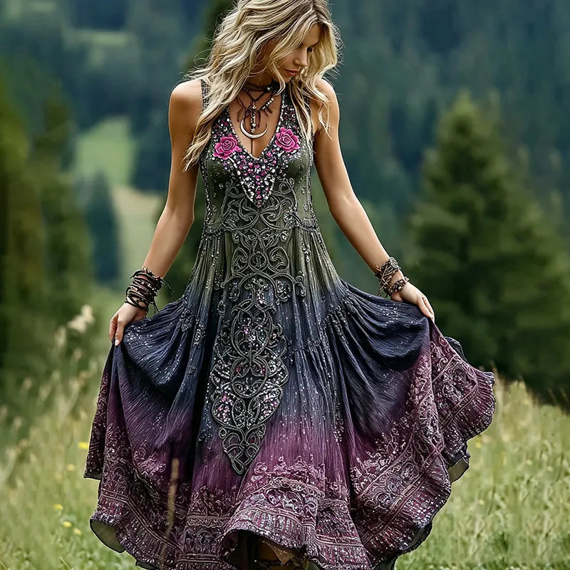 Women's Romantic Celtic Knot With Floral Art Linen Blend  V Neck Tank Dress