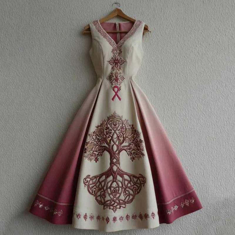 Women's Tree Of Life Pink Ribbon Embroidery V Neck Tank Belt Maxi Dress