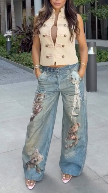 Stand Collar Sleeveless Waistcoat & Teddy Bear Print Wide Leg Jeans