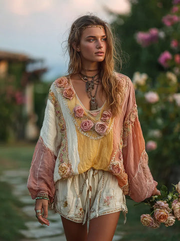 Women's Vintage Bohemian Rose Stitching V-neck Shirt