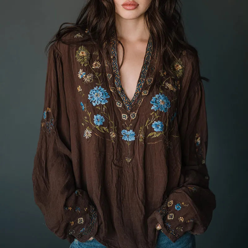 Women's Boho Floral Embroidered Art Print Flowy Linen Blend Casual Tops