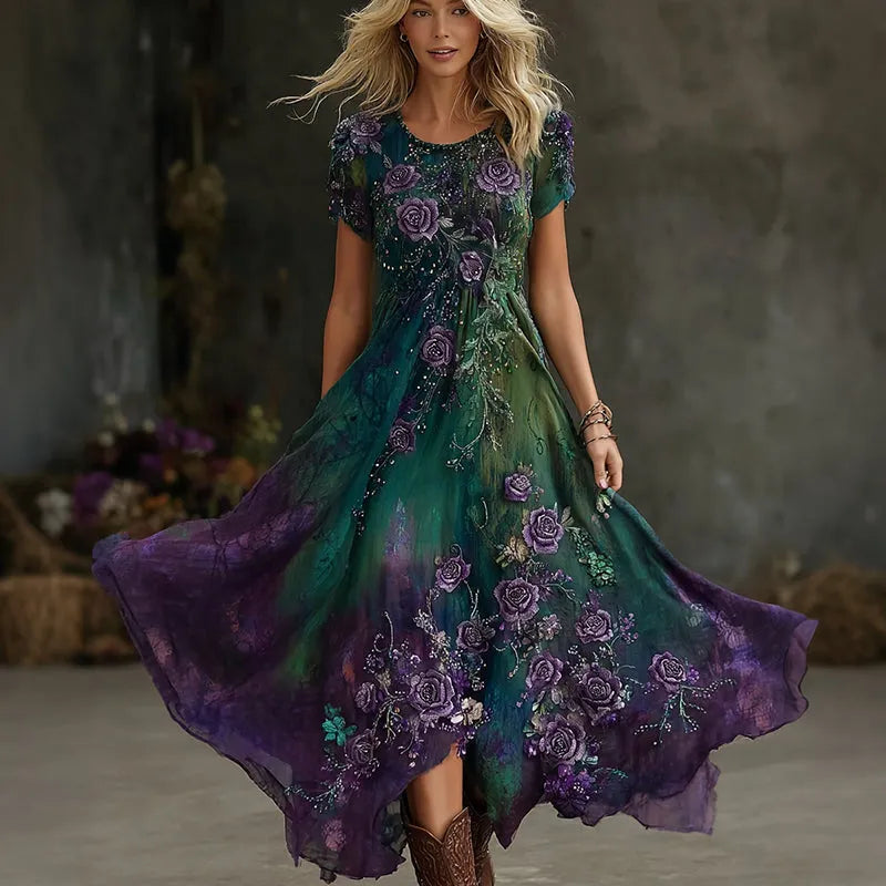 Women's Vintage Floral Gradient Art Flowy Casual Maxi Dress