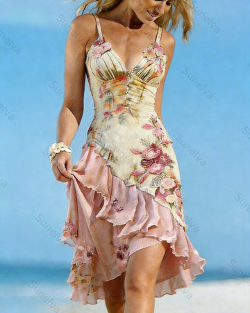 Women's Vacation Irregular Ruffle Flowers Embroidery Dress 1890