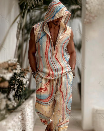 Men's Fashion Color-Blocked Printed Sleeveless Hooded Sweatshirt and Pants Two-Piece Set 9855