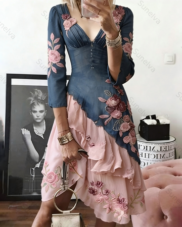 Women's Summer Flowers Embroidery Irregular Ruffle Linen Patchwork Dress 2804