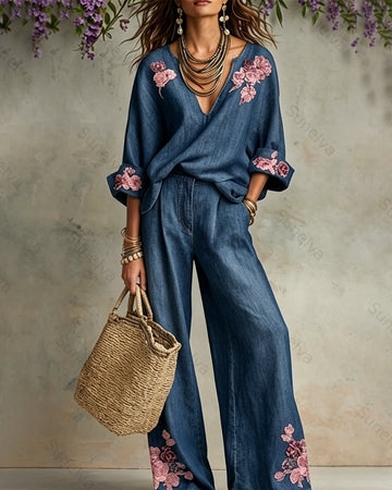 Women's Summer Pink Floral Embroidered Denim Two-piece set (top & pants) 1790
