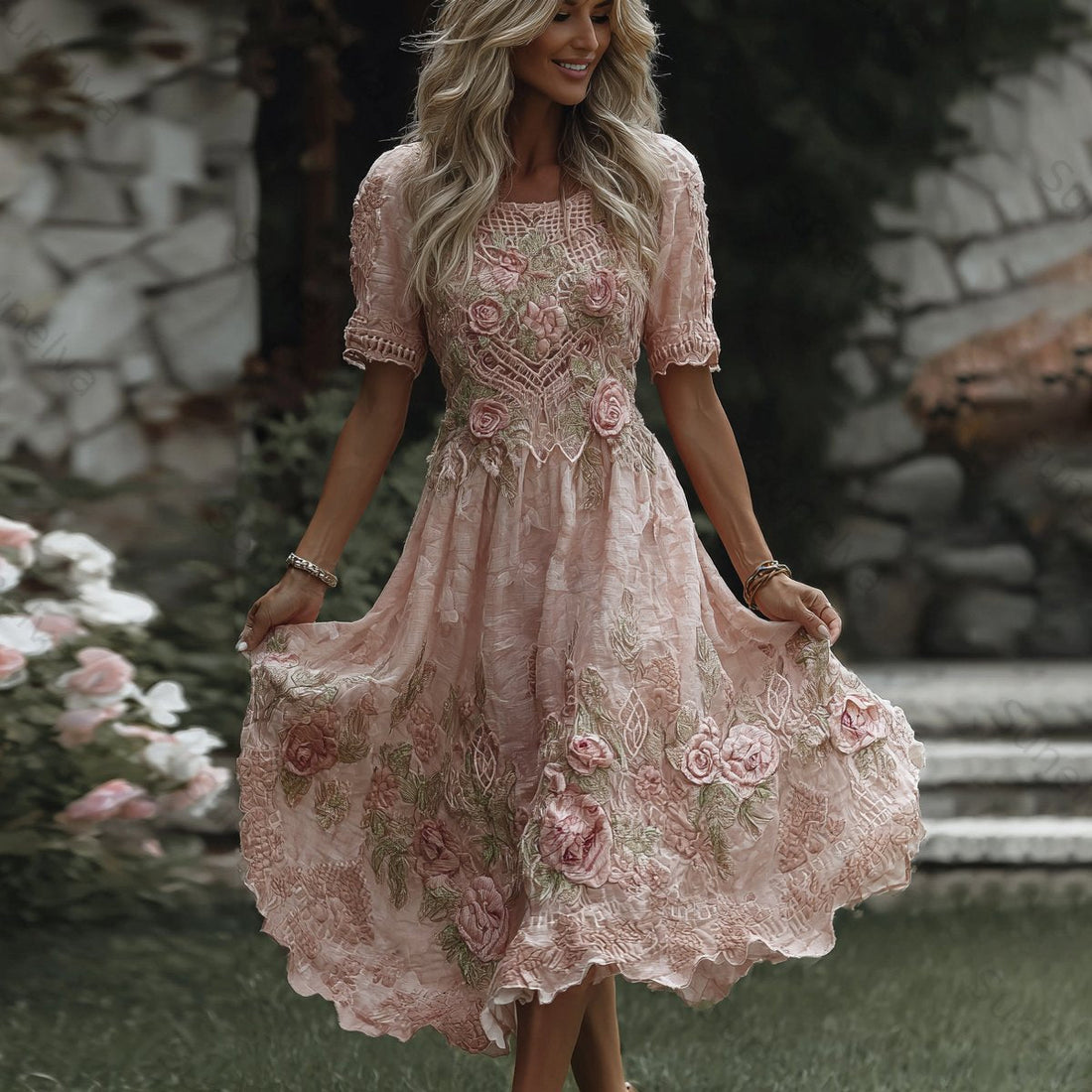 Women's Floral Art Print Flowy Linen Blend Casual Short Sleeve Maxi Dress dd62
