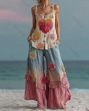 Floral Embroidery Gradient Elegant Two Piece Set 4462