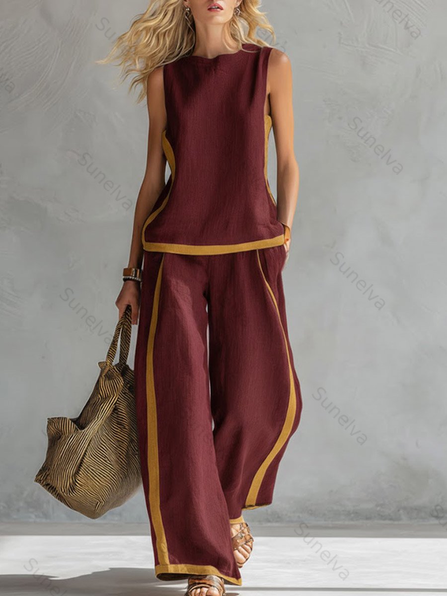 Women's Round Neck Sleeveless Casual Loose Top And High-waisted Loose Wide-leg Pants Cotton And Linen Set. 1c6a