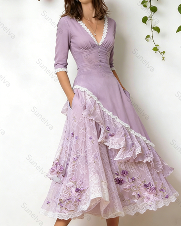 Women's Vacation Irregular Ruffle Flowers Embroidery Dress 1649