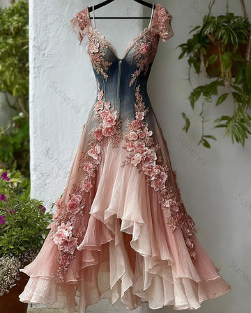 Women's Elegant Gradient Irregular Ruffle Flowers Embroidery Dress 9217
