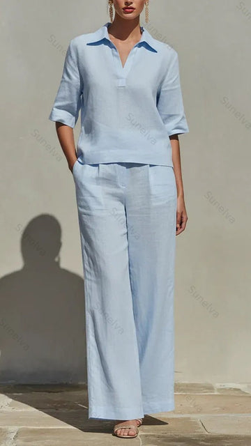 New Arrivals🔥Women's Solid Cotton Linen Two-Piece Set 66fd