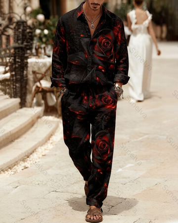 Men's Fashion Color-Blocked Print Long-Sleeve Shirt and Pants Two-Piece Set 1049