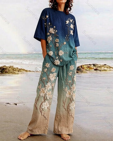 Women's Summer Resort Floral Embroidery Tie-Dye Gradient Linen Short-Sleeve Top & Pants Two-Piece Set  5488