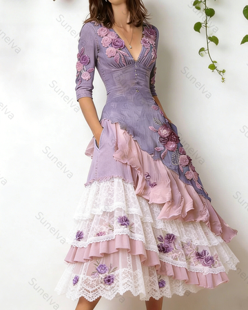 Women's Vacation Irregular Ruffle Flowers Embroidery Dress 8816